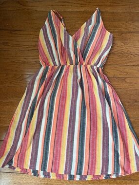 Striped V-Neck Summer Dress in Coral, Yellow & Gray